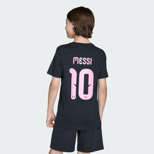 T-Shirt Messi - Adidas noir en coton avec inscription rose "MESSI 10", pour garçon, vue de dos porté sur mannequin.