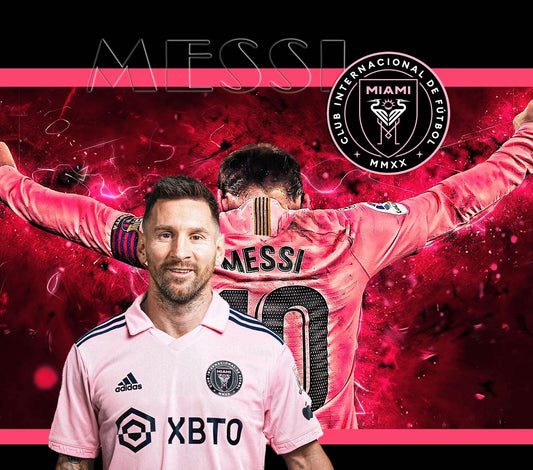 Couverture - Messi rose et noire avec logo Club Inter Miami, motif joueur de football, tissu ultra doux, vue de face.