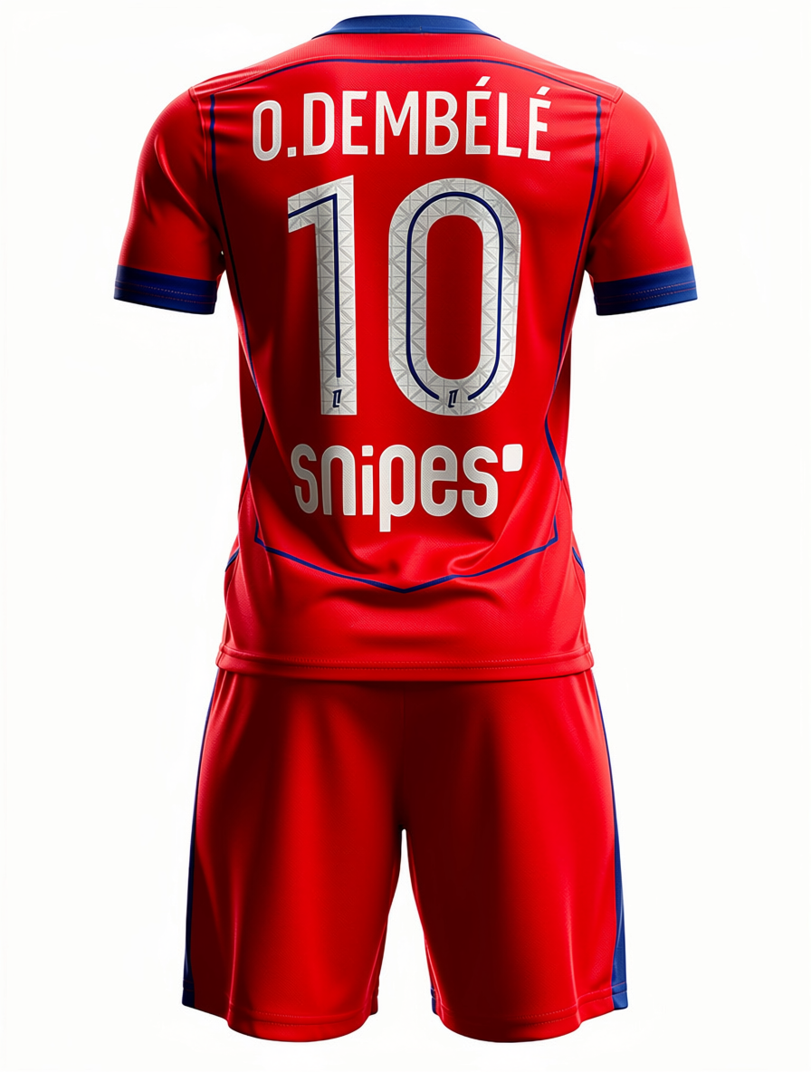 Ensemble de soccer - O. DEMBÉLÉ rouge et bleu, maillot et short en tissu léger, vue de dos enfant garçon