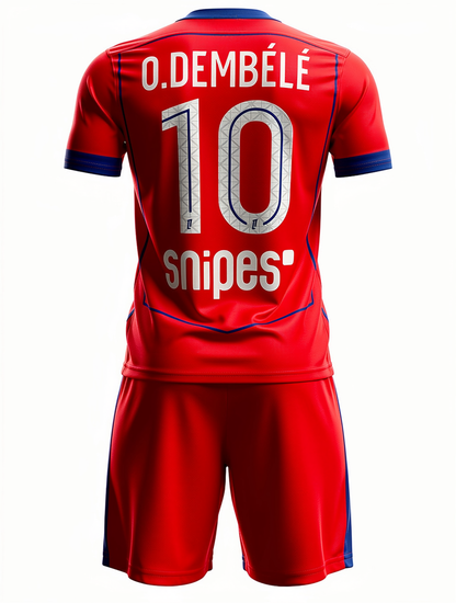 Ensemble de soccer - O. DEMBÉLÉ rouge et bleu, maillot et short en tissu léger, vue de dos enfant garçon