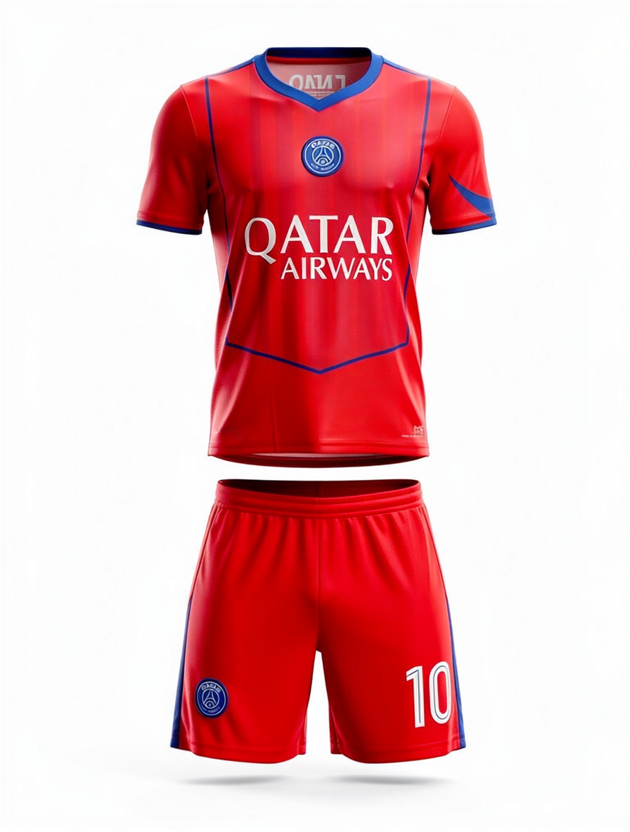 Ensemble de soccer - O. DEMBÉLÉ rouge et bleu, maillot et short en tissu léger, pour enfant, vue de face.