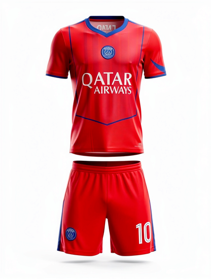 Ensemble de soccer - O. DEMBÉLÉ rouge et bleu, maillot et short en tissu léger, pour enfant, vue de face.