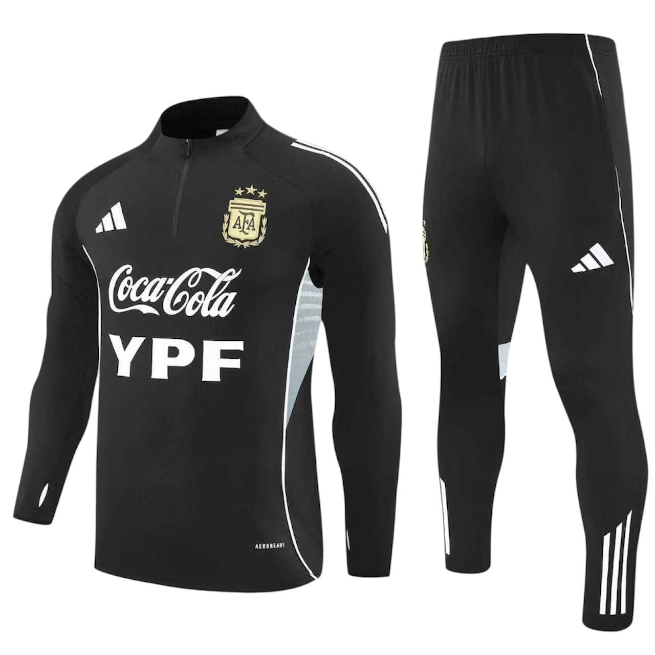 Ensemble de soccer - Messi noir avec détails blancs, polyester, coupe sportive, pour enfant, vue de face et profil pantalon.