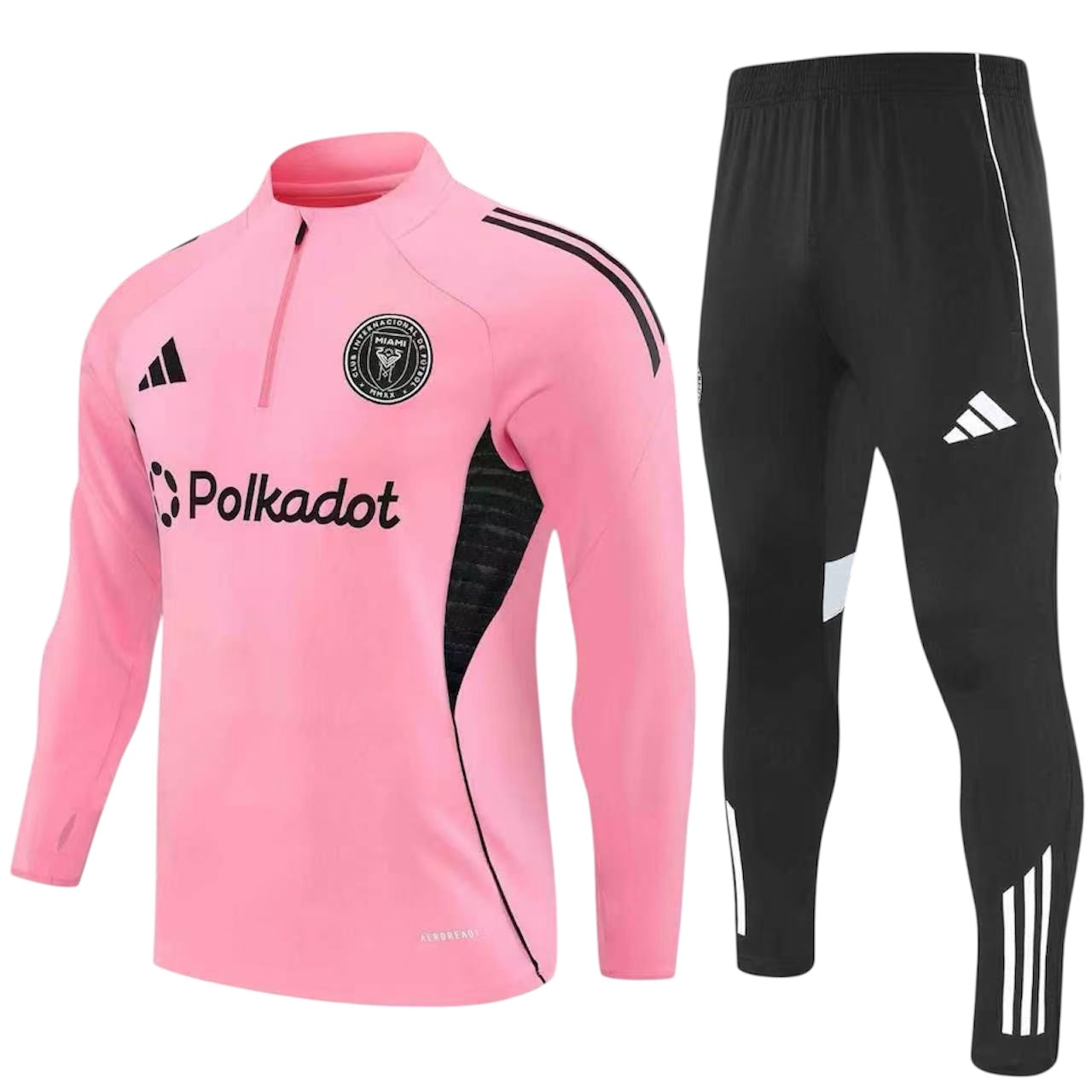 Ensemble de soccer - Messi avec haut rose manches longues et pantalon noir ajustable, polyester, pour enfant, vue de face.