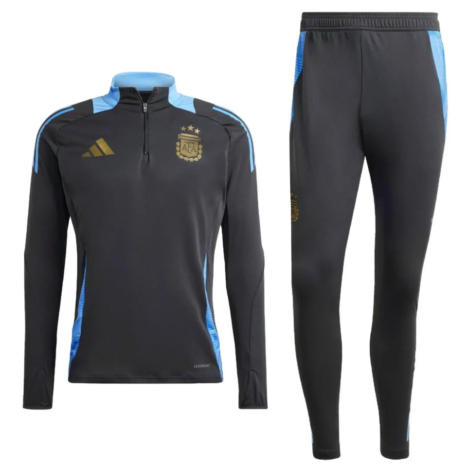 Ensemble de soccer - MESSI noir et bleu avec pantalon ajustable et haut zippé à manches longues, pour garçon, vue de face