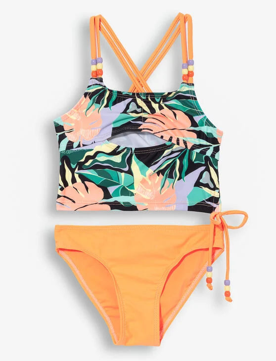 Maillot de bain - M.I.D. bi-piece enfant avec haut motif feuillage multicolore et bas orange, vue de face sur fond blanc.