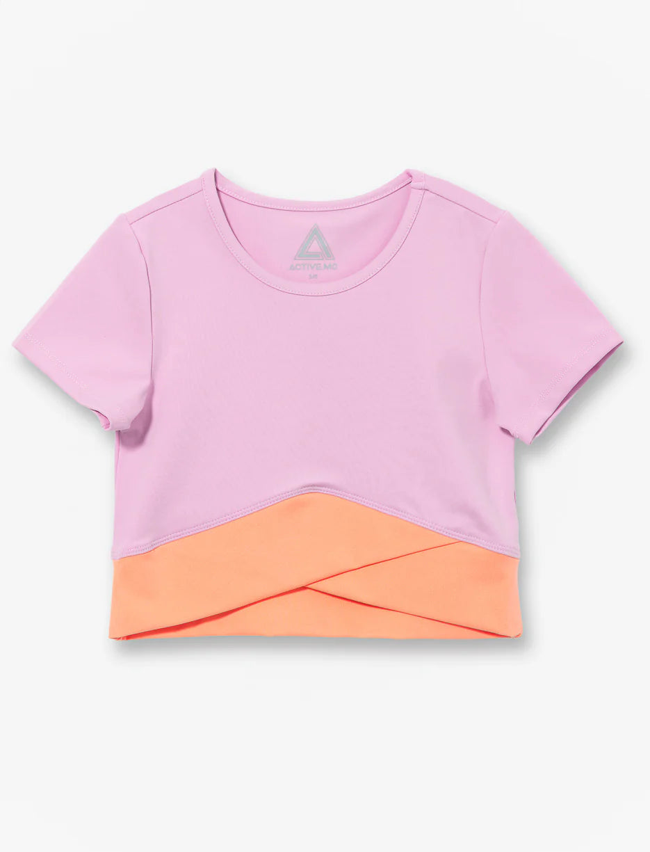 Chandail - M.I.D violet clair et saumon en polyester élasthane, style court pour enfant, vues de face et dos.