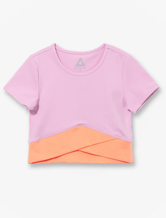 Chandail - M.I.D violet clair et saumon en polyester élasthane, style court pour enfant, vues de face et dos.