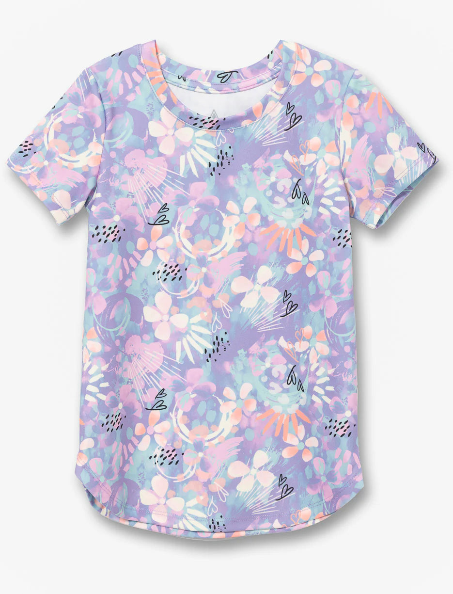 Chandail - M.I.D à manches courtes violet avec motifs floraux roses et blancs, style décontracté, polyester et élasthane, vue de face.