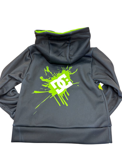 Hoodie - Monster DC gris foncé avec logo vert fluo, sans cordons, polyester, pour garçon, vue de dos.