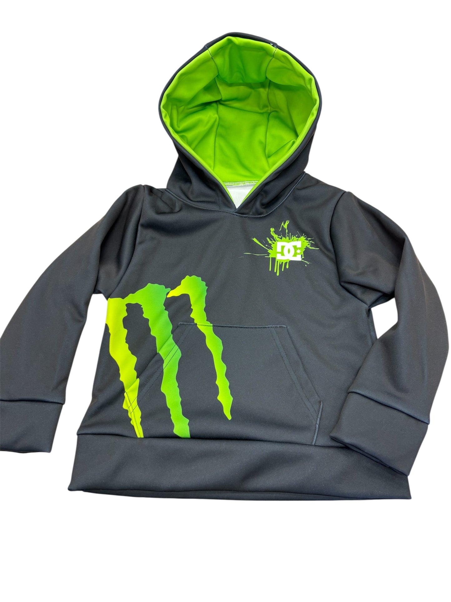 Hoodie - Monster DC gris avec logo vert fluo, intérieur de capuche vert, sans cordons, pour garçon, vue de face.
