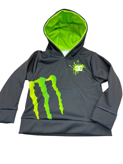 Hoodie - Monster DC gris avec logo vert fluo, intérieur de capuche vert, sans cordons, pour garçon, vue de face.