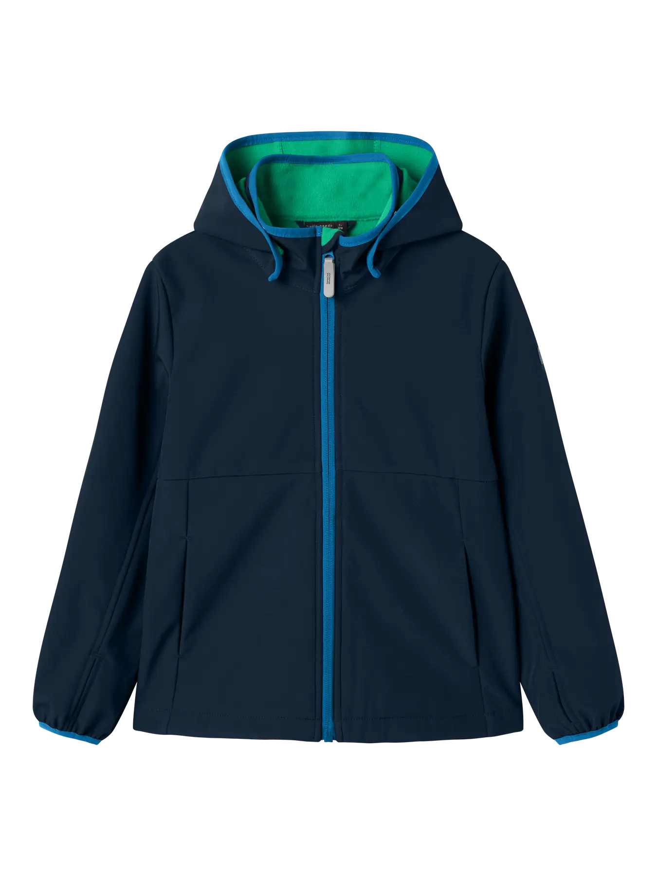 Manteau Mi-Saison - Name It, bleu marine avec doublure verte, coupe unisexe enfant, vue de face, polyester recyclé et élasthanne