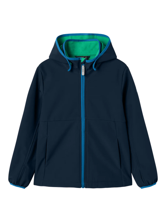 Manteau Mi-Saison - Name It, bleu marine avec doublure verte, coupe unisexe enfant, vue de face, polyester recyclé et élasthanne