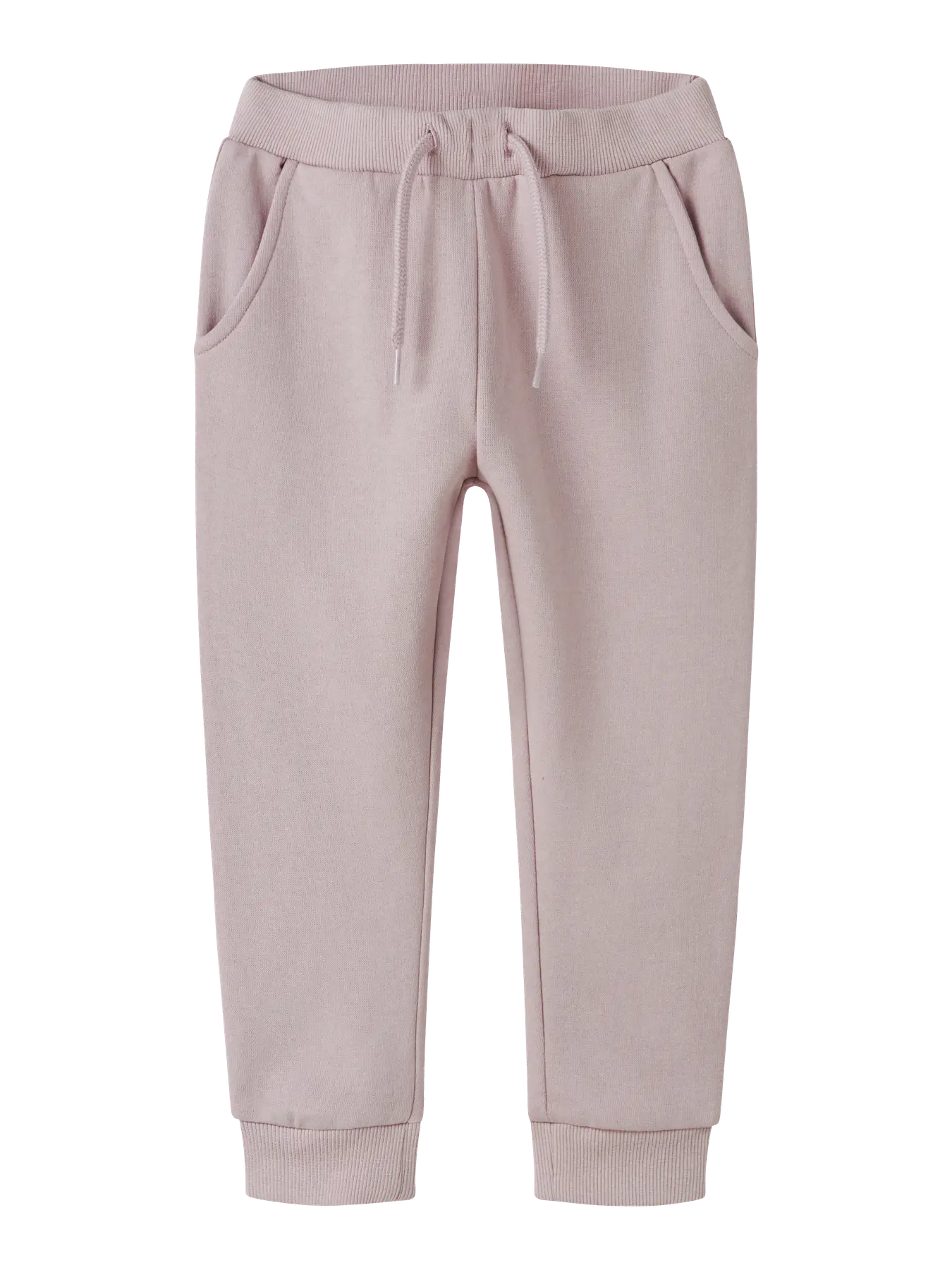 Pantalon - Name It vieux rose en molleton coton polyester, taille élastique avec cordon, pour fille, vue de face.
