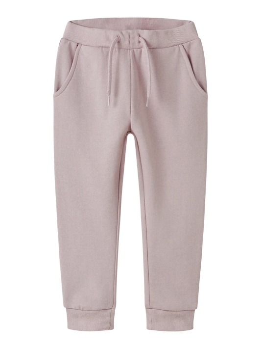 Pantalon - Name It vieux rose en molleton coton polyester, taille élastique avec cordon, pour fille, vue de face.