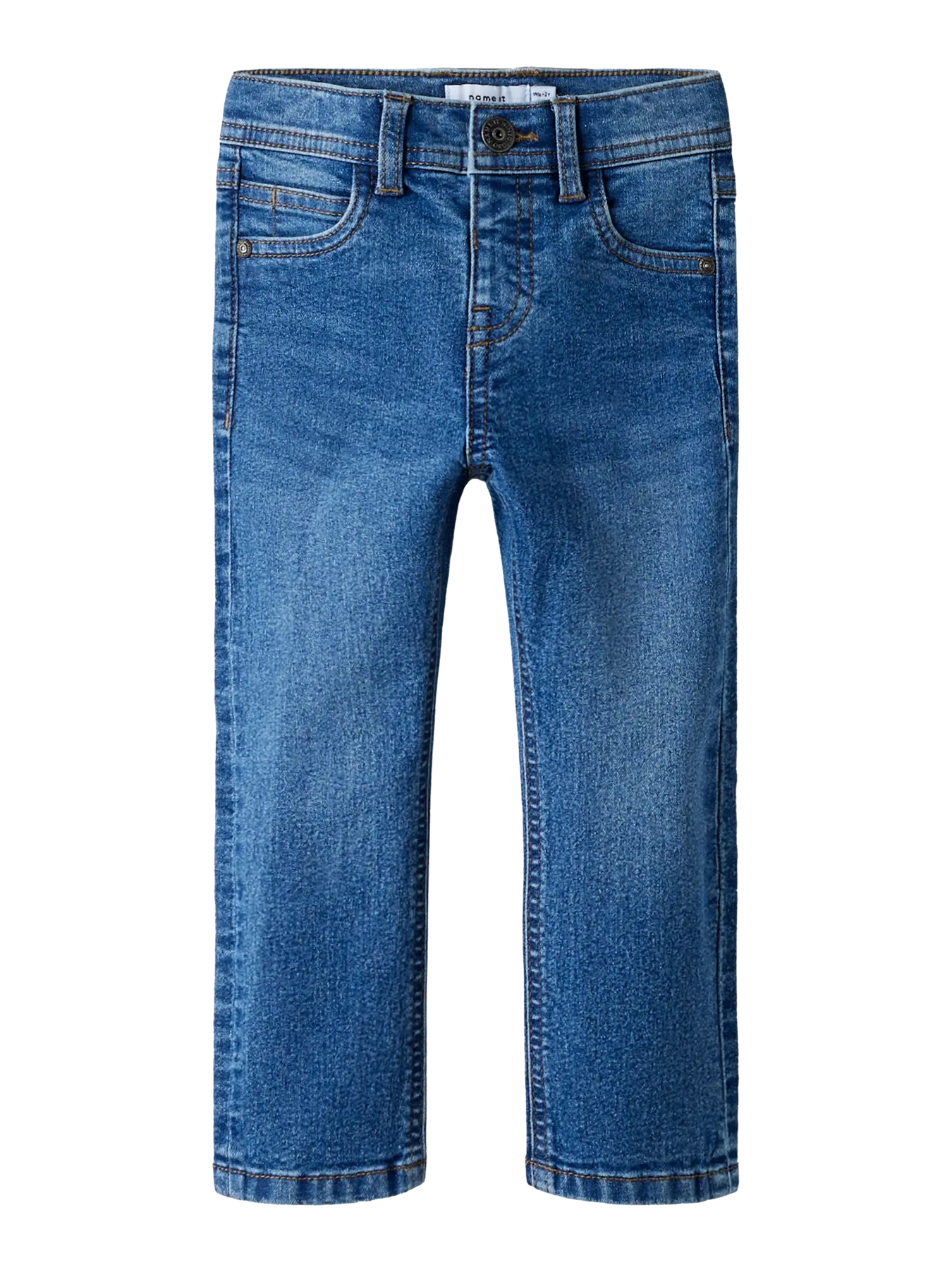 Jeans - Name It bleu moyen en coton recyclé avec touche d'élasthanne, style droit pour garçon, vue de face.