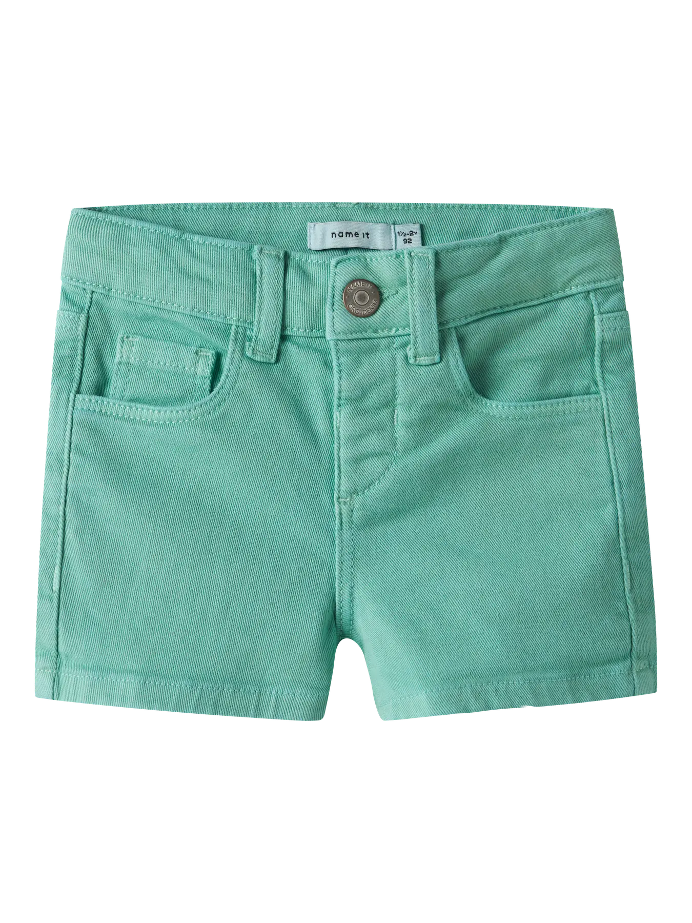 Short - Name It short vert menthe en coton pour bébé, vue de face, taille 92, bouton métallique argenté
