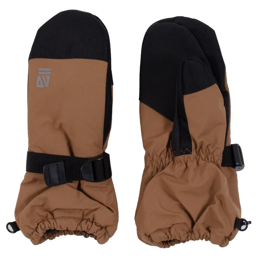 Mitaines d'hiver - Nanö en nylon brun et noir avec doublure sherpa, résistance eau, vue de face et dos, taille enfant.