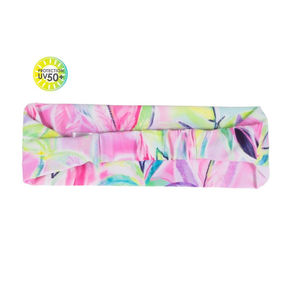 Bandeau - Nanö imprimé floral rose, vert et violet, en tissu léger, protection solaire UPF 50+, vue de face pour fille enfant.