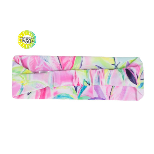 Bandeau - Nanö imprimé floral rose, vert et violet, en tissu léger, protection solaire UPF 50+, vue de face pour fille enfant.