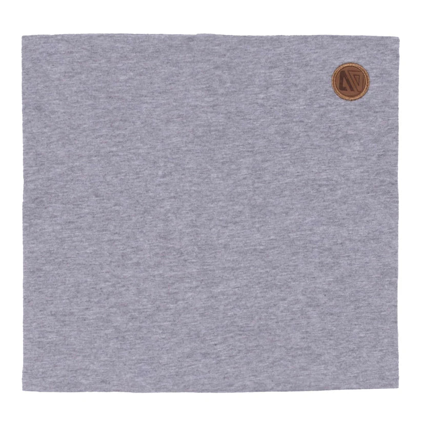 Cache-Cou Mi-Saison - Nanö gris chiné en coton et élasthanne, accessoire pour enfant, vue face avec logo cuir marron.