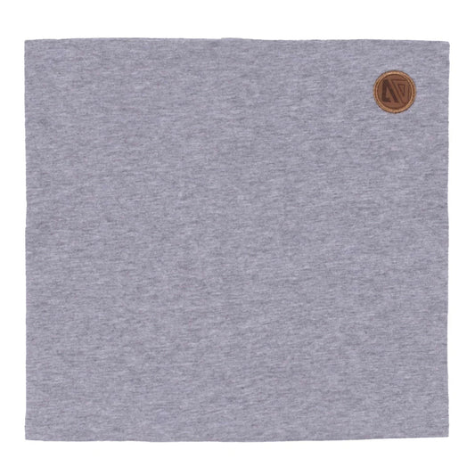 Cache-Cou Mi-Saison - Nanö gris chiné en coton et élasthanne, accessoire pour enfant, vue face avec logo cuir marron.