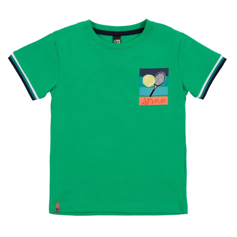 T-Shirt - Nanö vert en jersey coton pour garçon avec manches courtes rayées, imprimé raquette et balle, vue de face