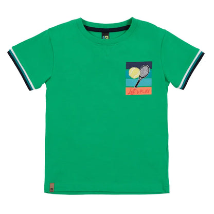 T-Shirt - Nanö vert en jersey coton pour garçon avec manches courtes rayées, imprimé raquette et balle, vue de face