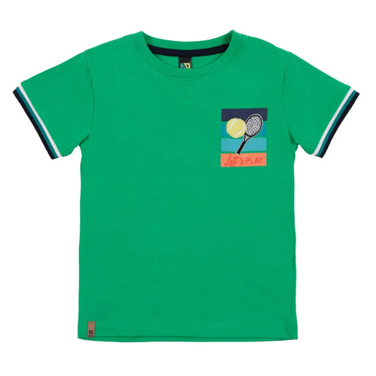 T-Shirt - Nanö vert en jersey coton pour garçon avec manches courtes rayées, imprimé raquette et balle, vue de face