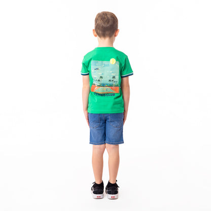 T-Shirt - Nanö vert en jersey coton à manches courtes avec imprimé coloré au dos, porté par garçon, vue de dos