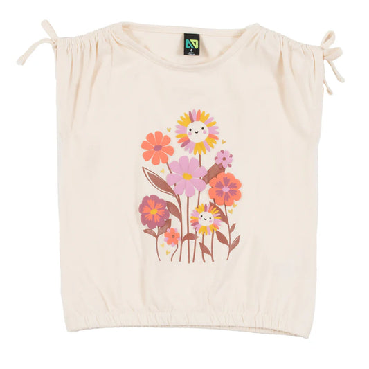 T-Shirt - Nanö beige en jersey avec imprimé fleurs souriantes rose et orange, manches courtes à cordons, pour fille, vue de face