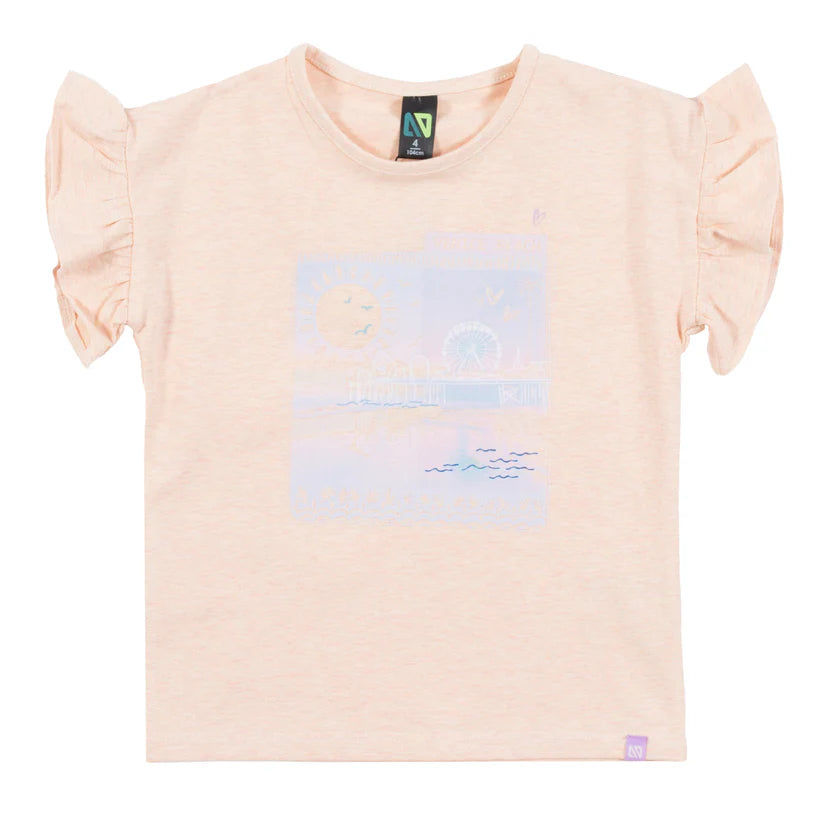 T-Shirt - Nanö rose pâle en jersey chiné avec manches courtes à volants et imprimé devant, pour fille, vue de face