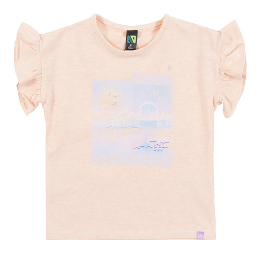T-Shirt - Nanö rose pâle en jersey chiné avec manches courtes à volants et imprimé devant, pour fille, vue de face