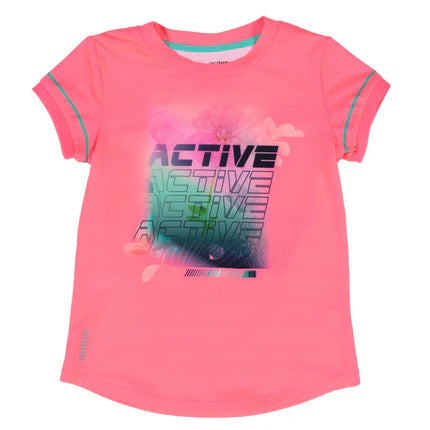 T-Shirt Amuse-toi  - Nanö rose fluo avec imprimé multicolore et éléments réfléchissants, manches courtes, fille, vue de face