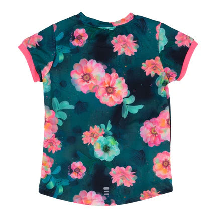 T-Shirt Amuse-toi  - Nanö bleu foncé à fleurs roses et vertes, manches courtes, jersey, pour fille, vue de dos