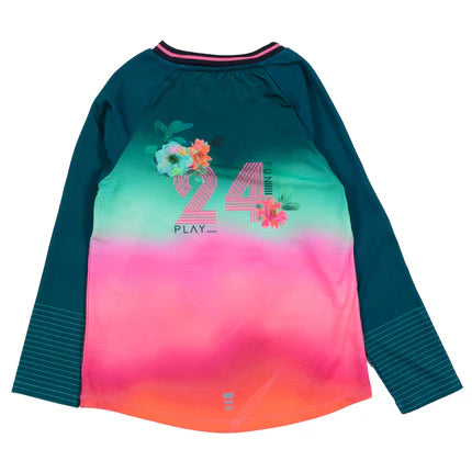 T-shirt Manches Longues Amuse-toi - Nanö dégradé vert, rose et orange avec imprimé floral et chiffres, pour fille, vue de dos