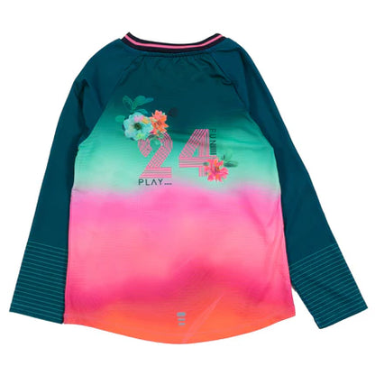 T-shirt Manches Longues Amuse-toi - Nanö dégradé vert, rose et orange avec imprimé floral et chiffres, pour fille, vue de dos