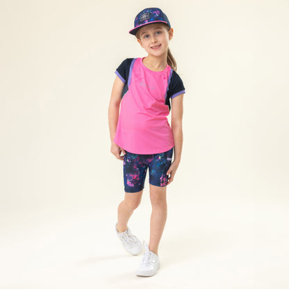 T-Shirt - Nanö rose avec manches courtes noires en jersey, pour fille, porté sur mannequin, vue de face