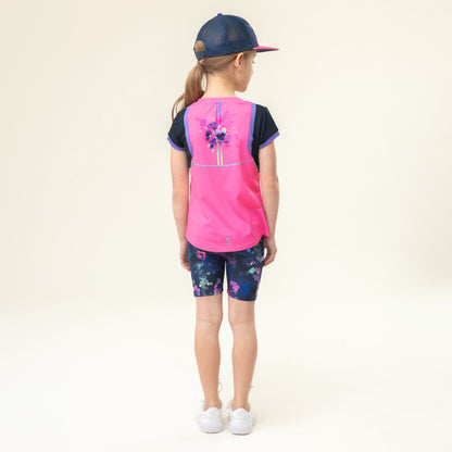 T-Shirt - Nanö rose et bleu marine avec imprimé floral réfléchissant, manches courtes, pour fille, vue de dos