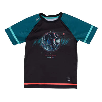 T-Shirt Raglan Sports - Nanö noir et vert avec manches courtes, imprimé ballon de foot, pour garçon, vue de face.