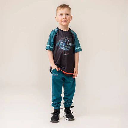 T-Shirt Raglan Sports - Nanö noir et vert avec imprimé football, en jersey, manches courtes, pour garçon, vue de face