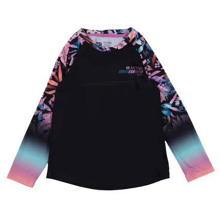 T-shirt Manches Longues Active-toi - Nanö noir avec manches raglan dégradé floral rose turquoise, jersey, pour fille, vue de face.