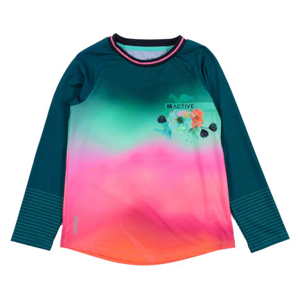 T-shirt Manches Longues Amuse-toi - Nanö en jersey dégradé vert, rose et orange avec manches longues raglan, pour fille, vue de face.