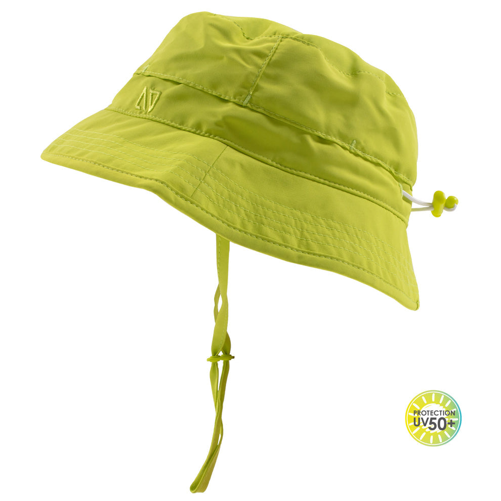 Chapeau U.V - Nanö vert anis en matière légère avec cordon de serrage amovible, pour enfant, vue de profil