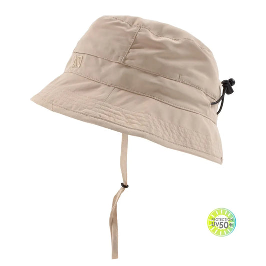Chapeau U.V - Nanö beige clair en matière légère avec cordon de serrage, protection solaire UPF 50+, vue de profil
