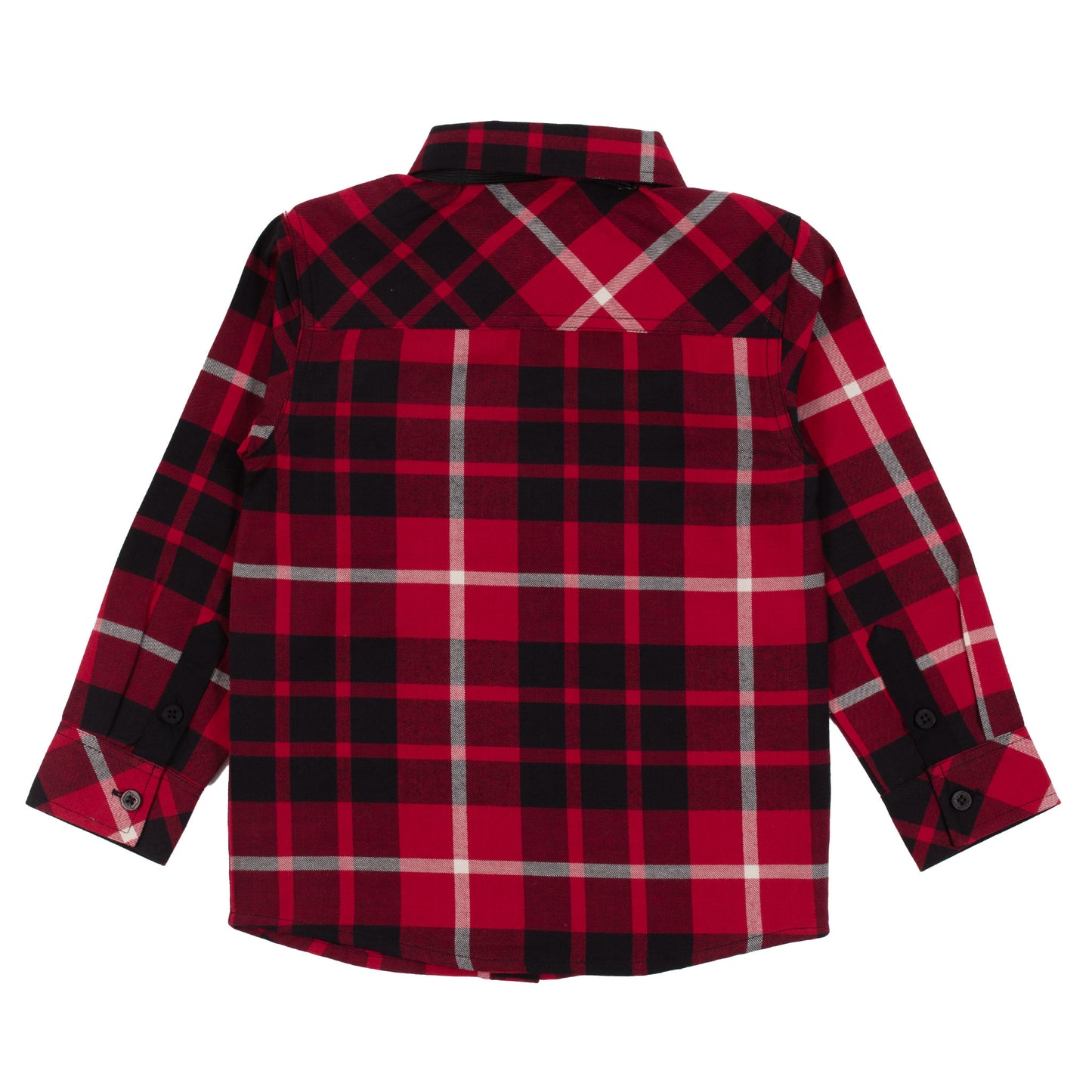 Chemise - Nanö en flanelle à carreaux rouges, noirs et blancs, manches longues, pour enfant, vue de dos.