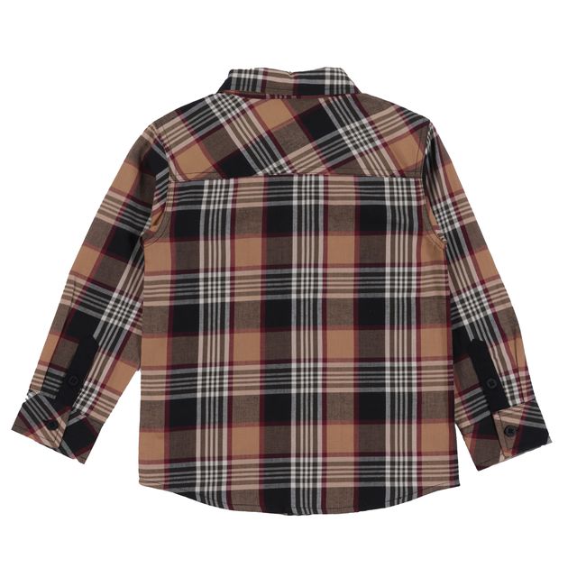 Chemise - Nanö en flanelle à carreaux beige, noir et rouge, manches longues, pour garçon, vue de dos.