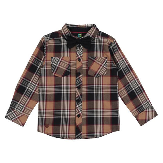 Chemise - Nanö en flanelle à carreaux beige, noir et blanc avec nœud papillon, manches longues, pour garçon, vue de face