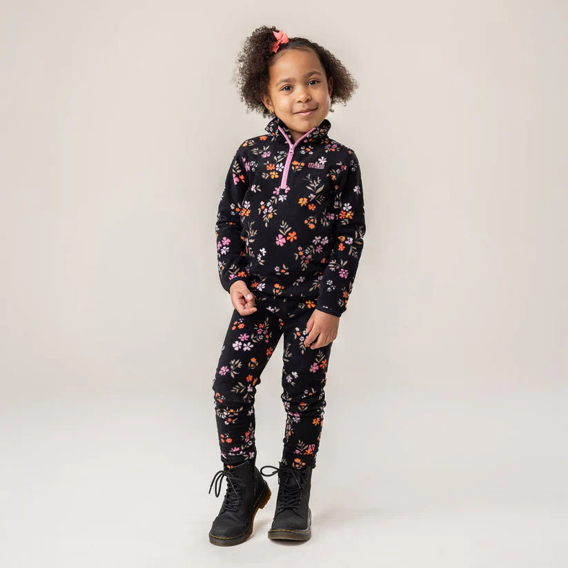 Ensemble polar - Nanö noir imprimé floral rose orange pour enfant fille, tissu micropolaire, vue de face porté sur mannequin